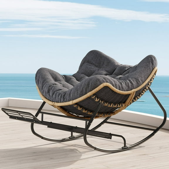 SWITTE Rocking Chair with Retractable Footrest, Zero-Gravity Rocking Chair, Outdoor & Indoor Papasan Rocker Chair with Cushion for Patio- Grey