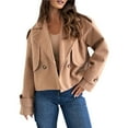 thumbnail image 3 of Women Crop Double Breasted Pea Coat Work Office Cropped Jacket with Pockets Khaki XL, 3 of 9