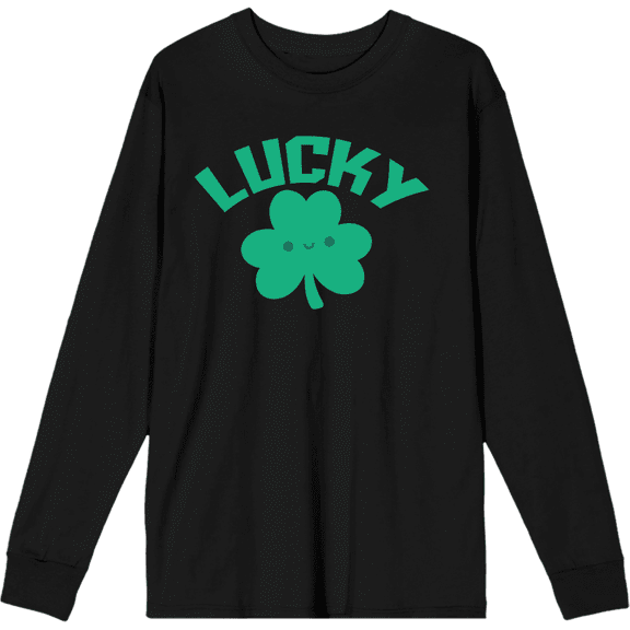 St. Patrick's Lucky Clover Black Adult Crew Neck Long Sleeve Tee-Medium