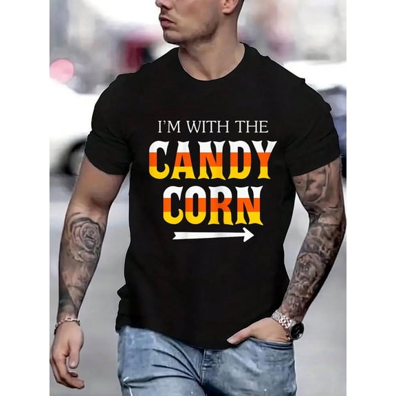 100 Cotton Graphic Tees I'with The Candy Corn Halloween Funny T-Shirt Crew Neck Short Sleeve T-Shirt, Casual Print Graphic Cotton Tees Men Tops