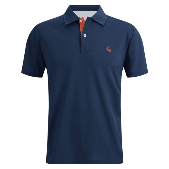 Bibifish Mens Polo Shirts Deer Embroidery Contrast Placket Short Sleeve Shirts Classic Fit Business Casual Daily Wear Casual Tops
