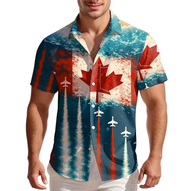 Men's Casual Everyday Canadian Style Printed Colared Button-Down Short Sleeve Shirt for Daily Wear and Street Style