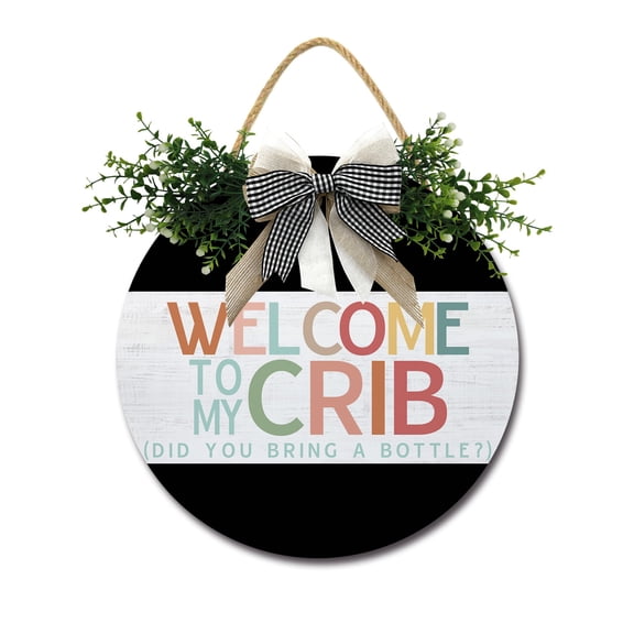 Front Door Porch Decorations Welcome To My Crib Door Hanging Sign 11 inch Wooden Wall Sign, Rustic Holiday Wreath Decor for Front Door Porch Home Window Wall Farmhouse Decorations