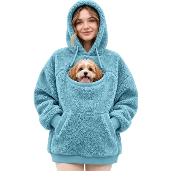 Women's Fuzzy Dog Carrier Hoodie Long Sleeve Pet Pouch with Drawstring Hood Cozy Winter Sweatshirt