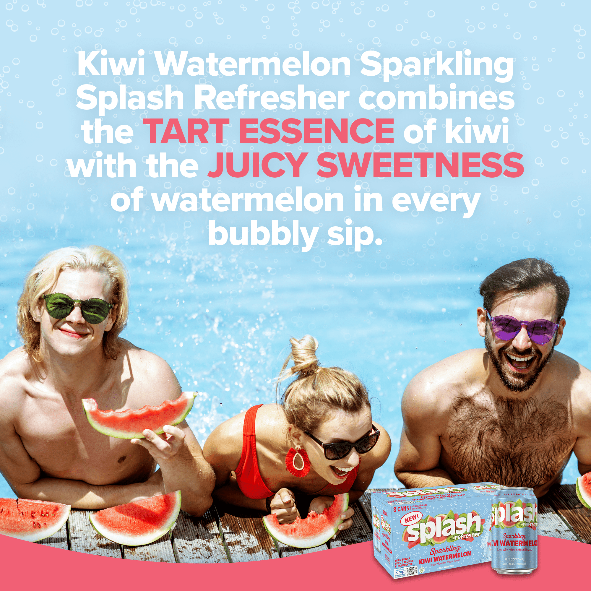 Splash Kiwi Watermelon Sparkling Water, 12 fl oz, 8 Cans - 3 pack