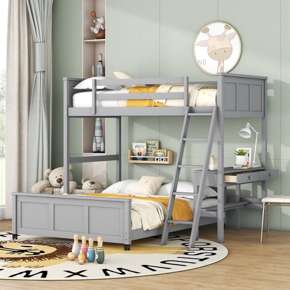 imerelez Twin Over Full Bunk Bed with Desk, Gray