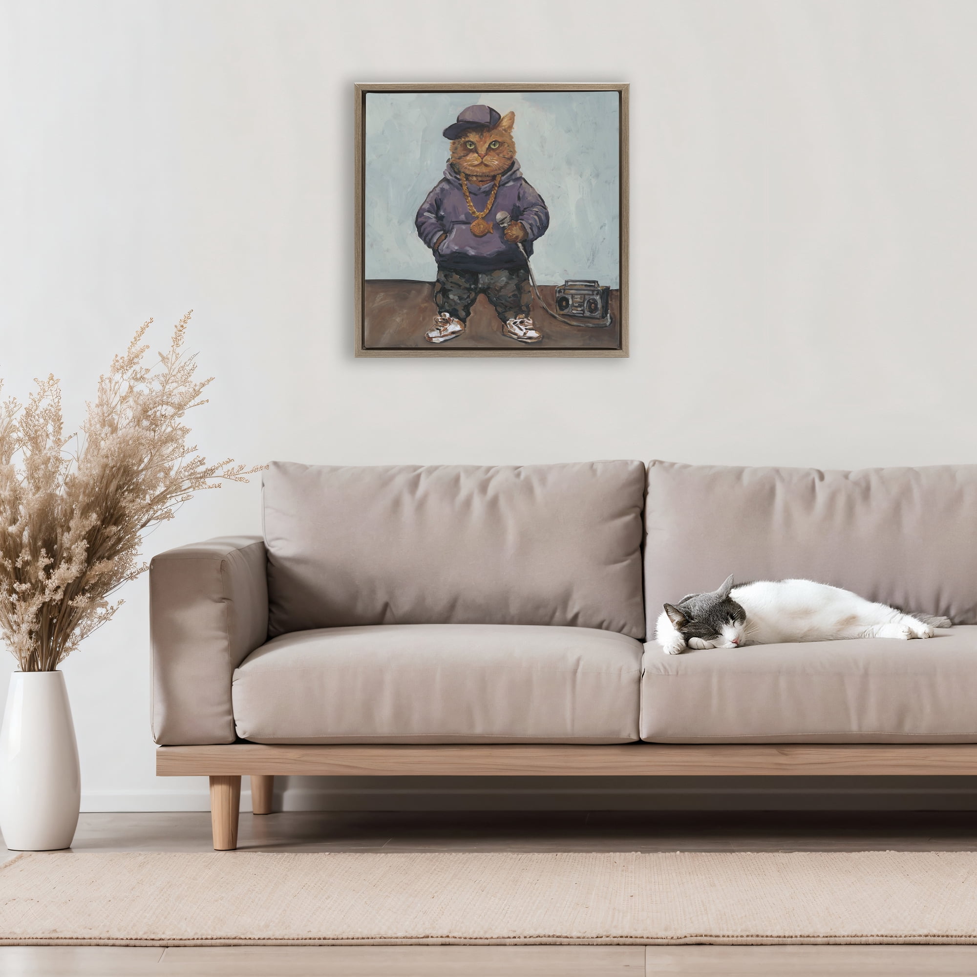 Stupell Industries Urban Hip-Hop Cat Brown Framed Floater Canvas Wall Art, design by Studio Bautista