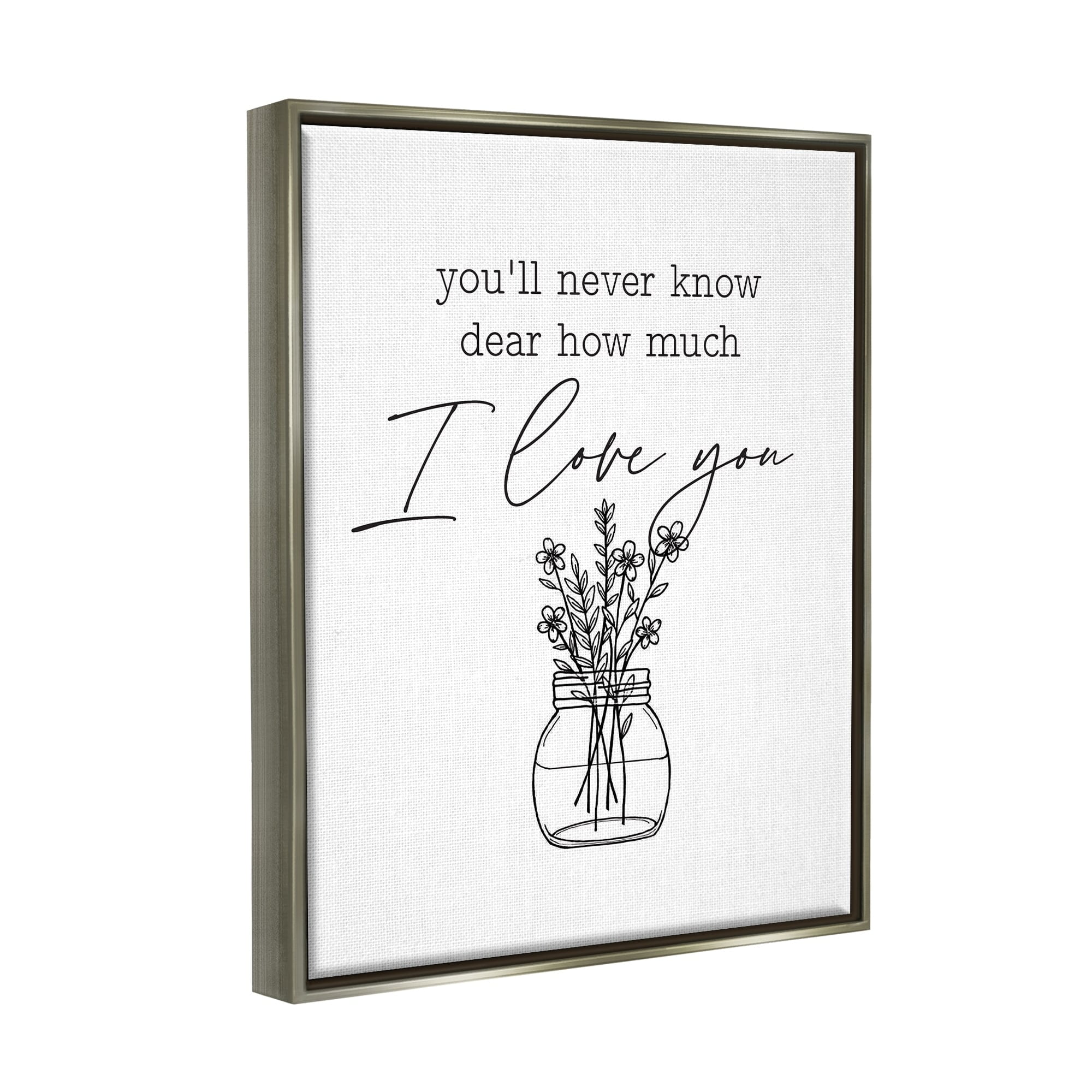 Stupell Industries I Love You Simple Daisy Botanical Outline Bouquet Graphic Art Luster Gray Floating Framed Canvas Print Wall Art, Design by Lettered and Lined