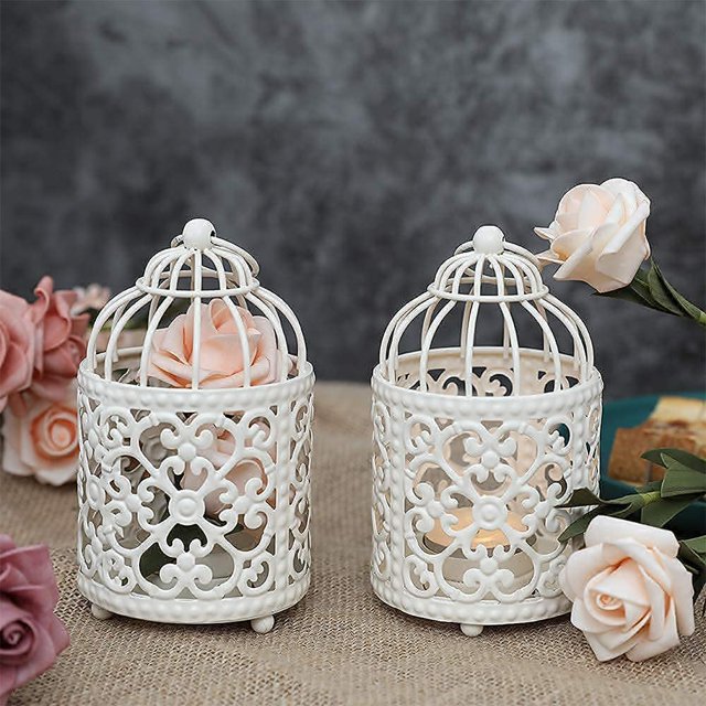Paquete de 2 pequeñas linternas colgantes de jaula de pájaros de metal para bodas, patios, interiores o exteriores (blanco)