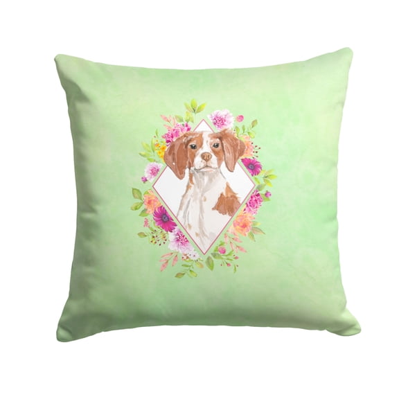 Carolines Treasures CK4414PW1414 Brittany Spaniel Green Flowers Fabric Decorative Pillow  14Hx14W multicolor