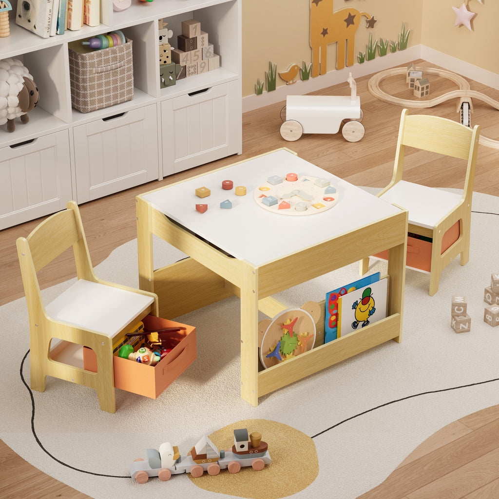 Aiho 3 Piece Child Table and Chair Set, 4-in-1 Kids Table Set, Child Activity Desk with Chalkboard/Whiteboard and Bookshelf - Retro