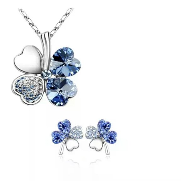 HOOUN Fashion Women Jewelry Set Crystal Big Lucky Flowers Pendant Necklace Earrings -Light Blue