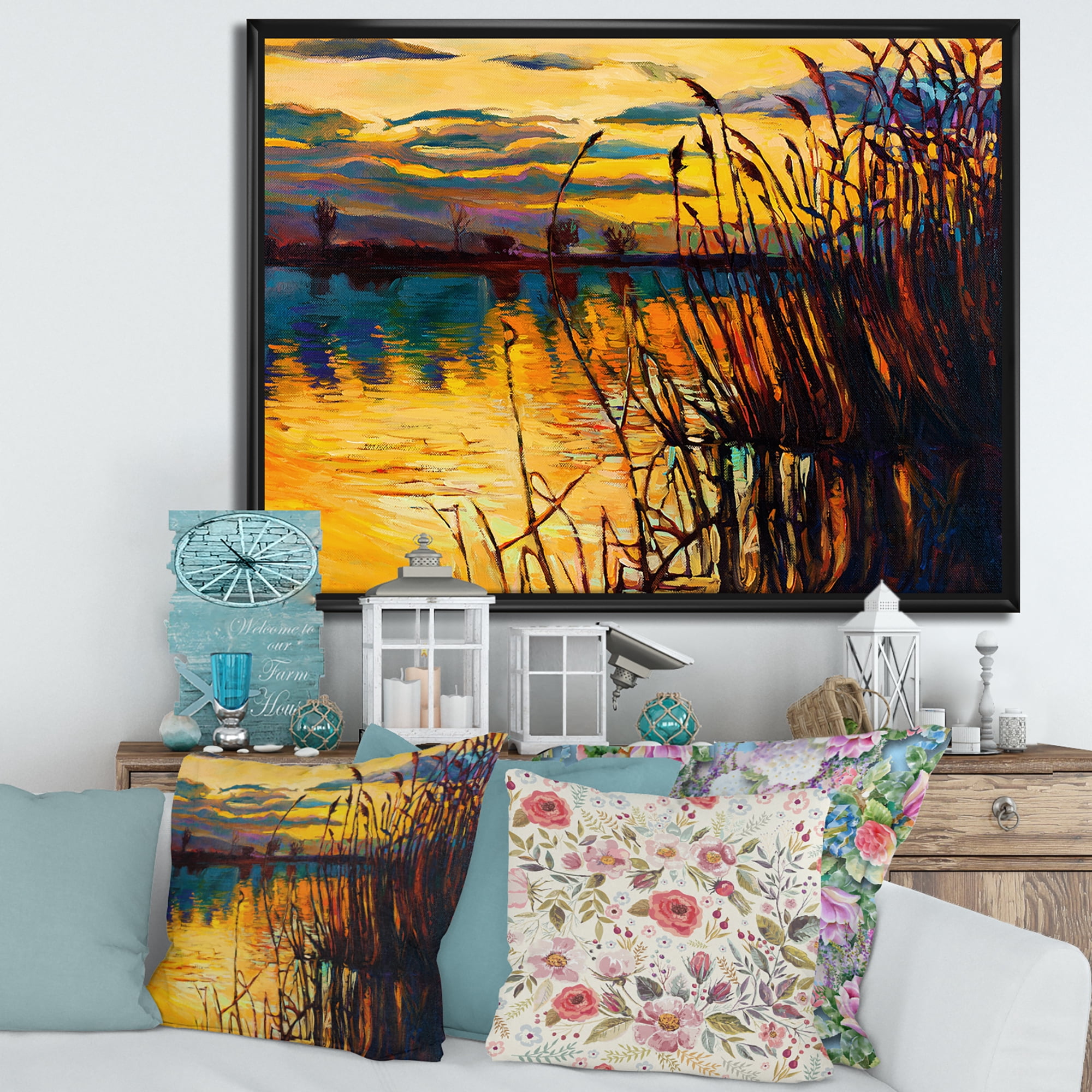 Designart 'Yellow Evening Glow Through The High Grass By The Lake' Nautical & Coastal Framed Canvas Wall Art Print