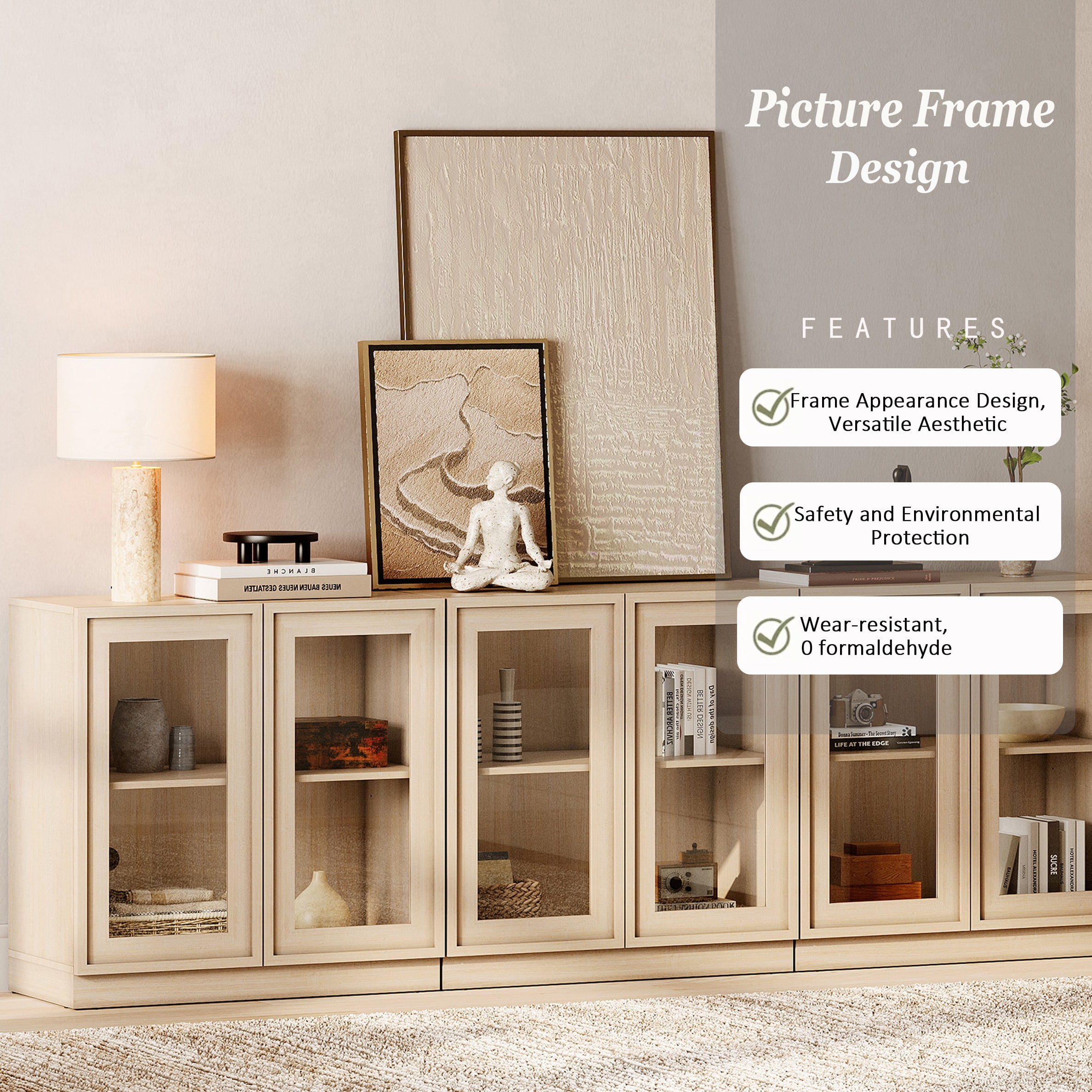 94.5" Modern Sideboard Buffet Cabinet with 6 Glass Doors, Multifunctional Sideboard with Large Storage and Adjustable Shelf, Beige