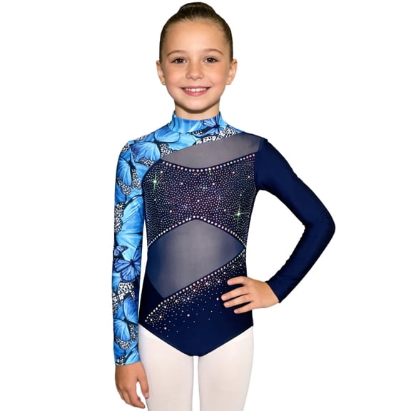 Hansber Gymnastics Leotards for Girls Printed Long Sleeve Mesh Rhinestones Patchwork Bodysuit Ballet Dancewear Navy Blue 6