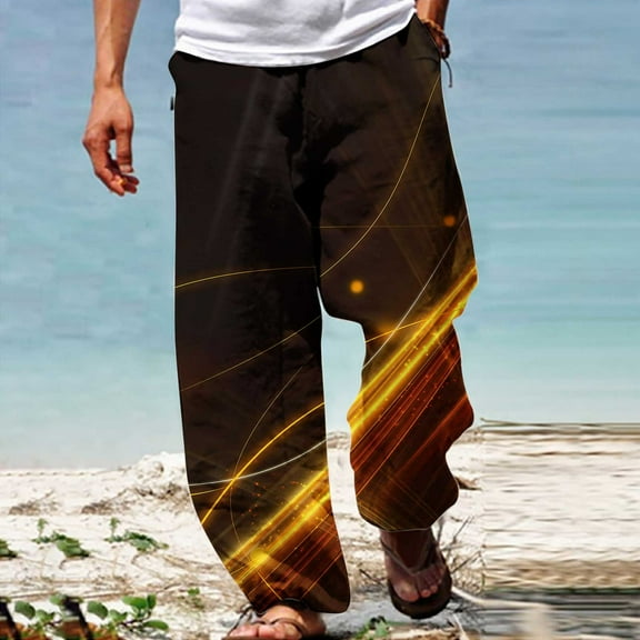 qolati Summer Beach Cargo Pants for Men Trendy Print Loose Fit Wide Leg Sweatpants Lightweight Elastic Waist Drawstring Baggy Trousers with Pockets