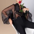 thumbnail image 4 of Blusa de mujer con cuello vuelto y mangas acampanadas, camisa informal de una pieza para fiesta, color negro, M, 4 of 6
