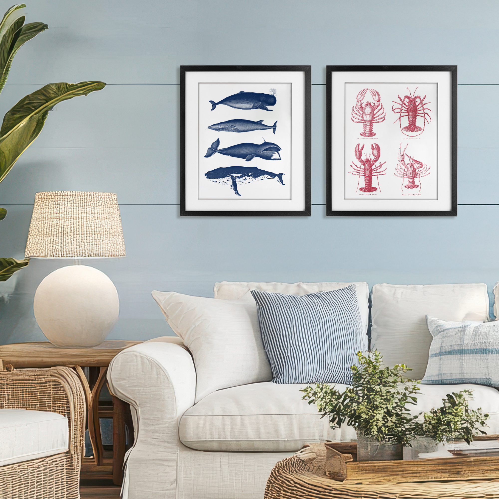 Marine Whales & Lobsters 2 Piece Black Framed Print Under Glass Set, design by Lettered and Lined
