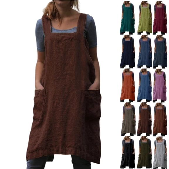 2026 Cotton Linen Apron Cross Back Apron for Women with Big Pockets Square Pinafore Dress for Baking Cooking,Brown XL