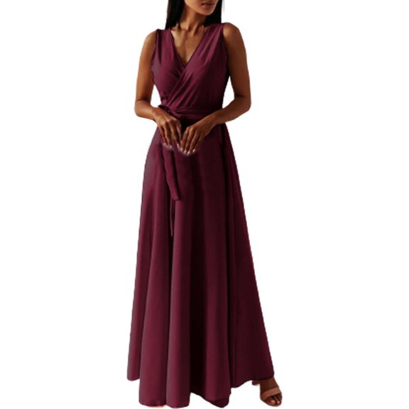 DHFJKG Summer Maxi Dresses Women Wedding Guest Dress Casual Sleeveless High Waist Solid Color V Neck Evening Gown Versatile Dresses
