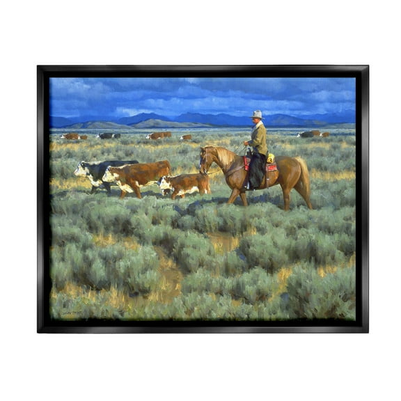 Stupell Industries Cowboy Rounding Cattle Animals & Insects Painting Black Floater Framed Canvas Art Print Wall Art, 21 x 17