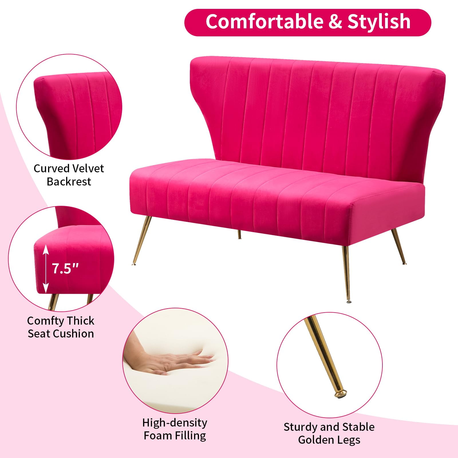 Reception Velvet Loveset Sofa with Golden Legs, Fuschia