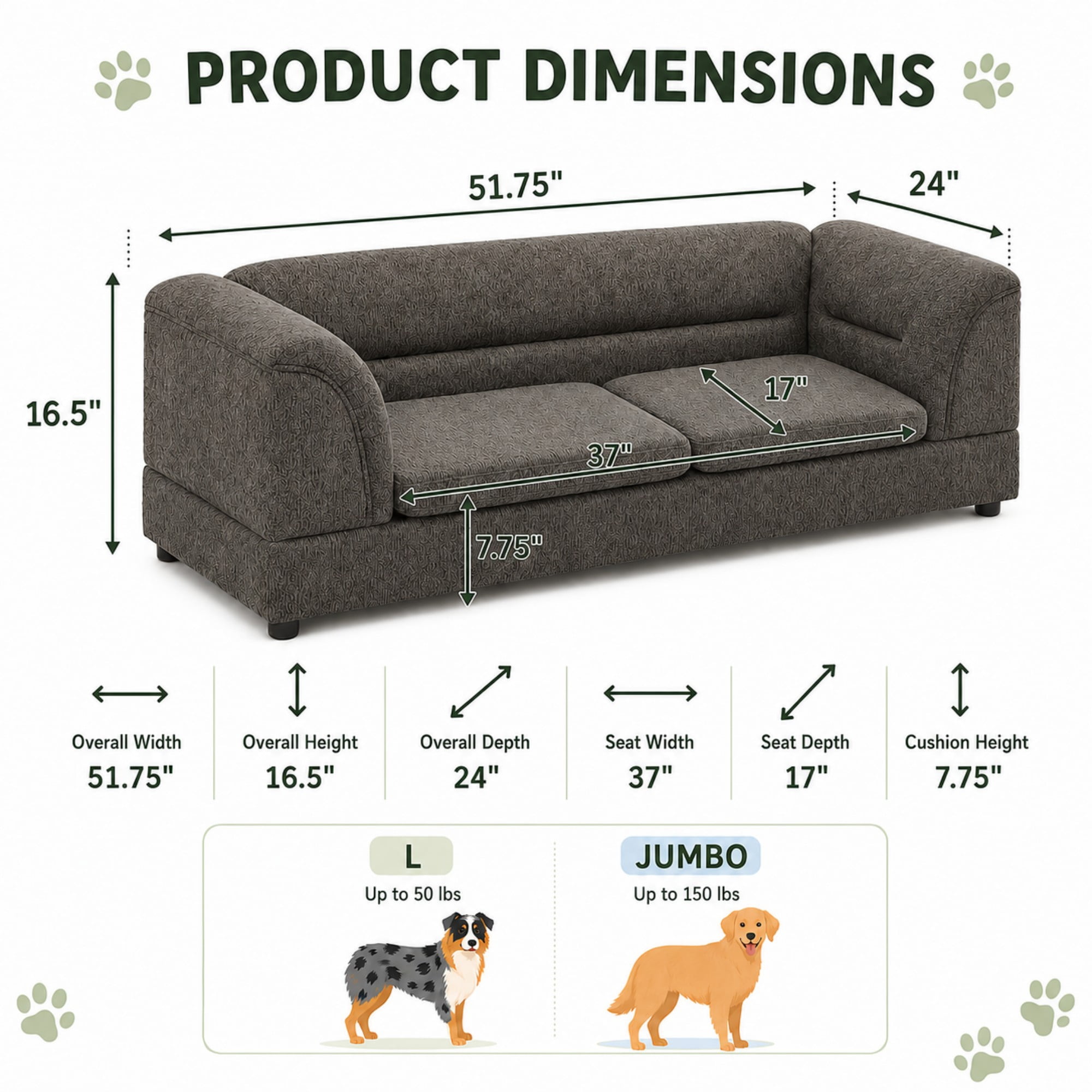 Aenkyo 52" Large Dog Sofa Bed, Linen Pet Couch with Removable Cushions,Dark Gray