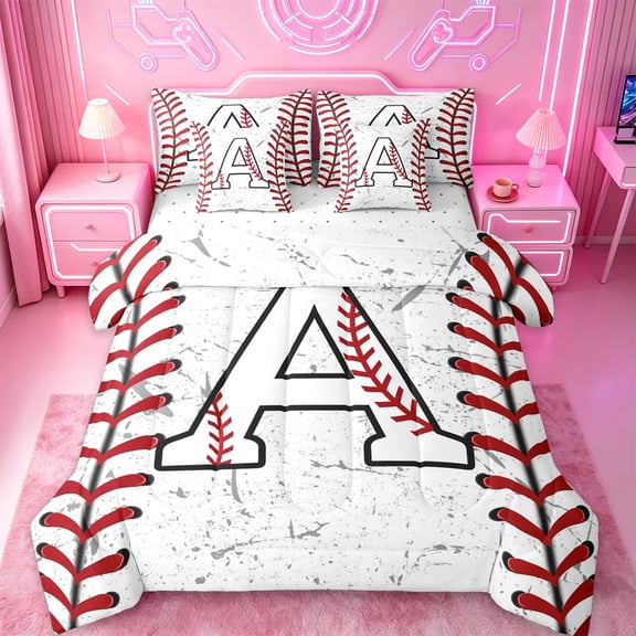 Manfei Letter A Monogrammed 7-Piece Twin Bedding Sets,Baseball Game Lover Bedding Comforter Set,White Red Sheet Sets For Boys,Microfiber Room Decorative Reversible