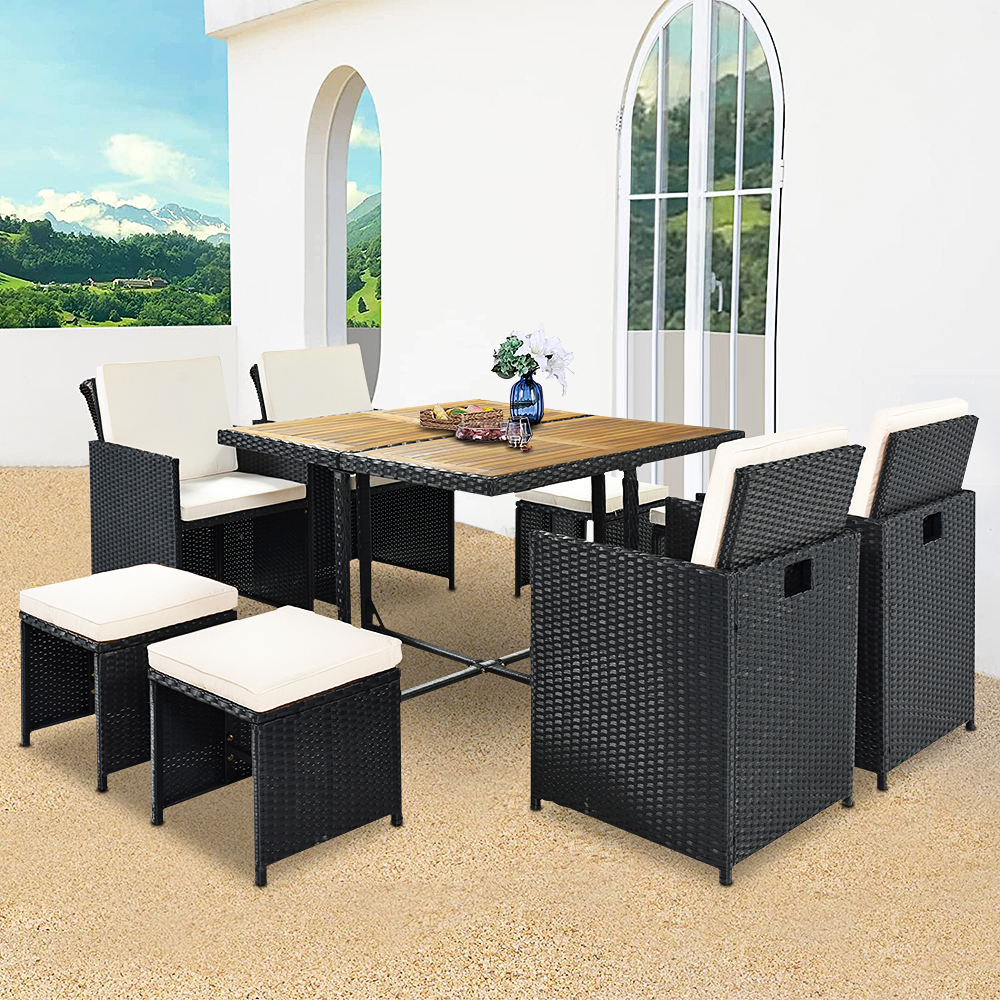 9 Piece Outdoor Patio Dining Set with 4 PE Wicker Chairs, 4 Stools, Dining Table, All-Weather Space Saving Rattan Outdoor Conversation Set with Cushions for Backyard, Lawn, Garden, Poolside, LLL139 - image 1 of 11