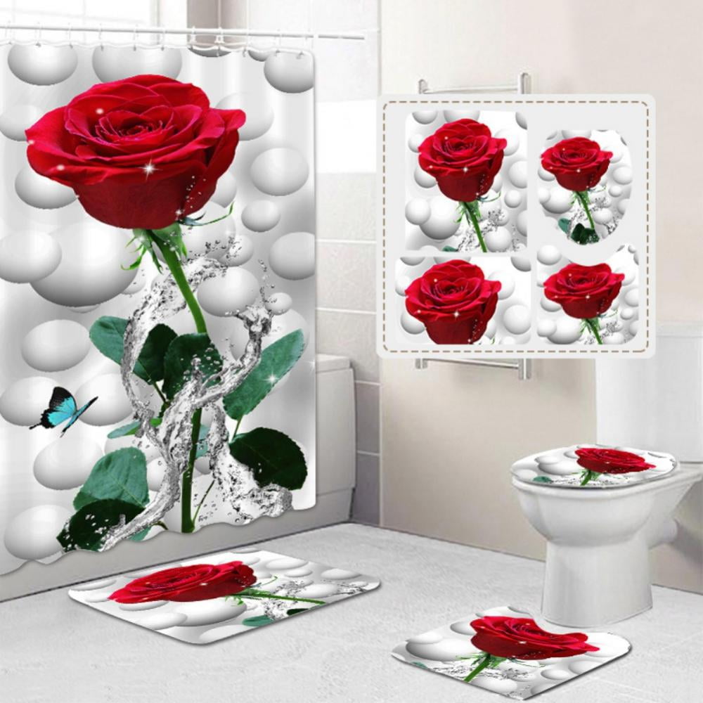 Aosijia 4PCS Red Rose Shower Curtain Set with Rugs,Toilet Lid Cover,U