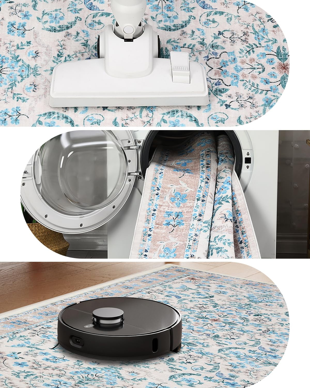 Area Rug 9x12 for Living Room, Washable Non Slip Low Pile Rugs, Floral Soft Carpet for Living Room, Bedroom, Dining Room, Blue