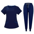 thumbnail image 2 of Women Scrubs Setst Solid Color V-Neck Short Sleeve Long Pants Nurse Uniform with Pockets Navy XL, 2 of 5