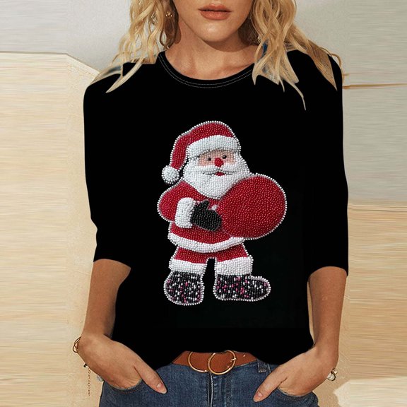 Mifsaly Plus Size Christmas Shirt for Women 3/4 Sleeve Xmas Red Wine Cup Print T-Shirt Festival Loose Fit Tops Holiday Party Gifts Blouse