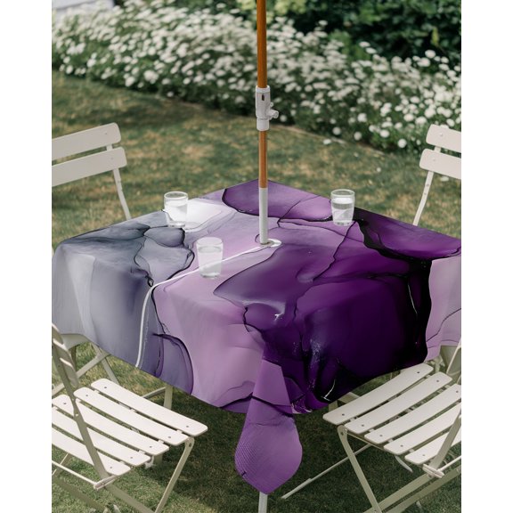 Outdoor Tablecloth with Umbrella Hole, Abstract Purple Gray Ombre Zippered Table Cloth for Rectangle Tables, Gradient Marble Modern Art Washable Waterproof Tablecloths for Picnic Patio Garden