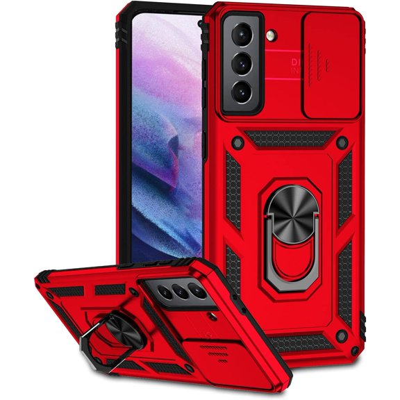 Samsung Galaxy S21 Case, Galaxy S21 Case with Camera Cover & Kickstand Grade Shockproof Heavy Duty Protective Girls Women Boy Men Phone Case for Galaxy S21 Red