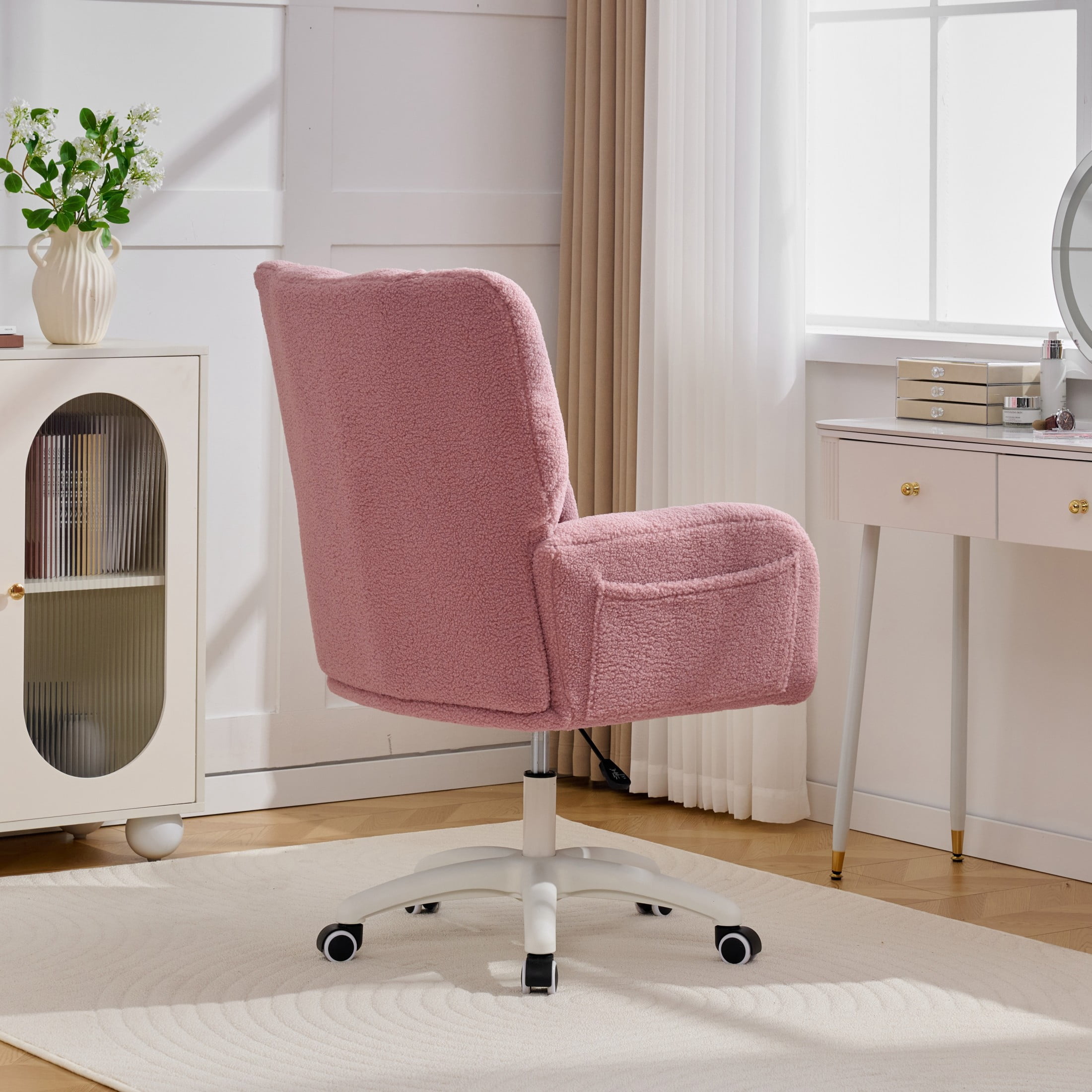 Noble House Sheila Teddy Fabric Swivel Office Chair, High Back Desk Chair with Lumbar Pillow & Storage Pockets, Pink