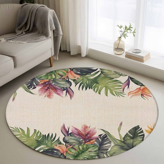 3.3ft Round Rug, Palm Leaves Non-Skid Rubber Backing Large Area Rugs - Living Room Bedroom Home Office, Summer Botanical Tropical Plants Rustic Indoor Floor Mat Carpets Washable Rug