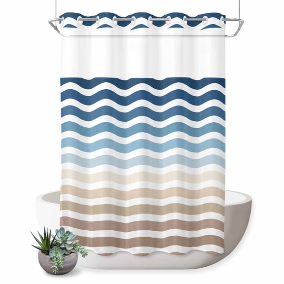 No Hook Shower Curtain with Built-in Rings - Geometric Beach Striped Pattern Washable Waterproof Fabric Bathroom Curtains for Hotel,Rentals, Stall 48 X 72 Inch , Blue Brown White Wave Pattern