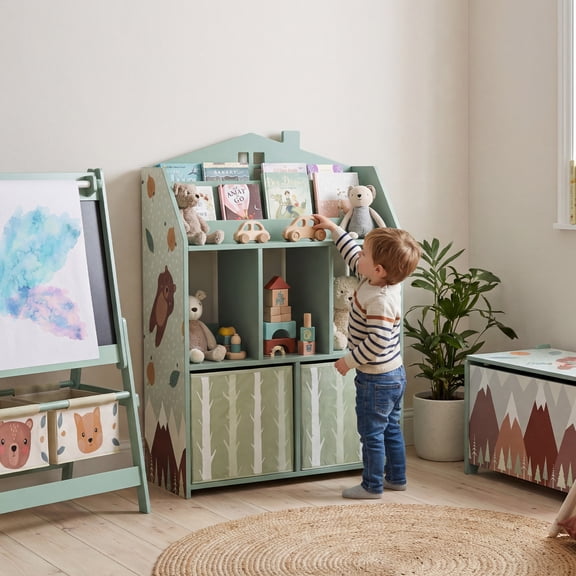 Qaba Kids Bookshelf with Toy Storage, Children's Bookcase with Book Display, Shelves and Fabric Drawers, Toy Organizer for Playroom and Nursery, Green