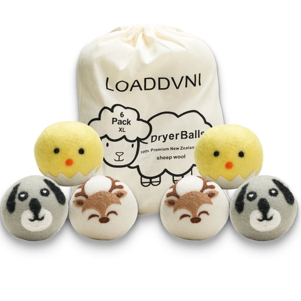 Bolas de Secadora de Lana Orgánicas XL 6 Bolas por Paquete de Loaddvni, Ahorra Tiempo, Dinero, Energía (Cachorro, Cervatillo, Gallo)