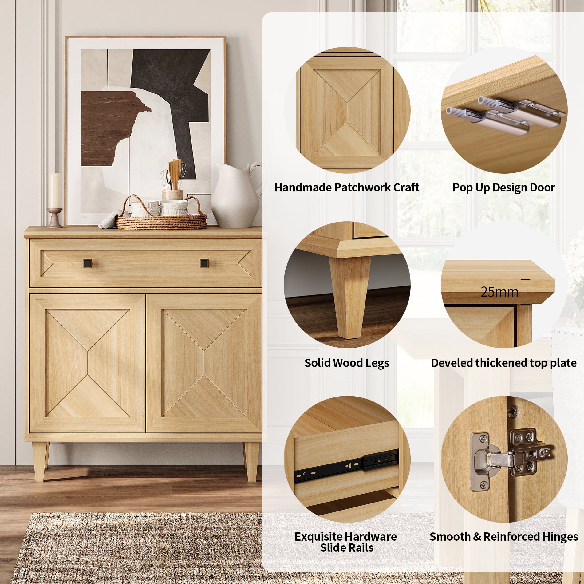 WAMPAT Patchwork 126" TV Stand with Cabinets and Shelves for 70" TV, Oak