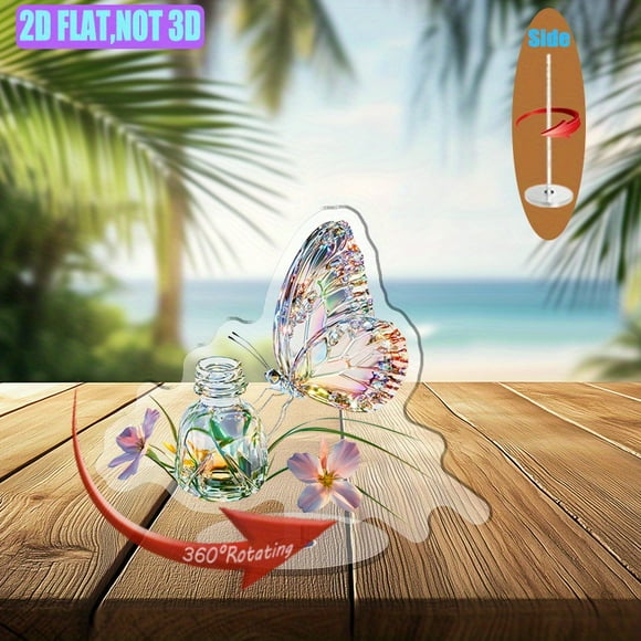 Revolving acrylic ornament featuring a delicate butterfly on a glass vial with nectar petals and grass surrounded by a sparkling glass texture
