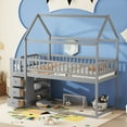 thumbnail image 3 of House Bunk Bed Twin Over Twin, Wooden Bunk Bed with Storage Shelves and Drawers, Twin Bunk with Ladder and Safety Guardrails for Small Space, Space-Saving Design, Grey, 3 of 7