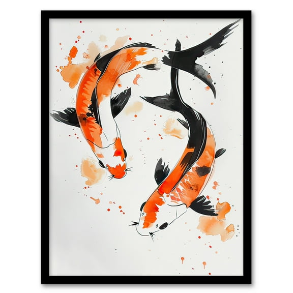 Artery8 Two Japanese Koi Carp Fish Ink Splat Watercolour Bathroom Toilet Art Print Framed Poster Wall Decor 12x16 inch