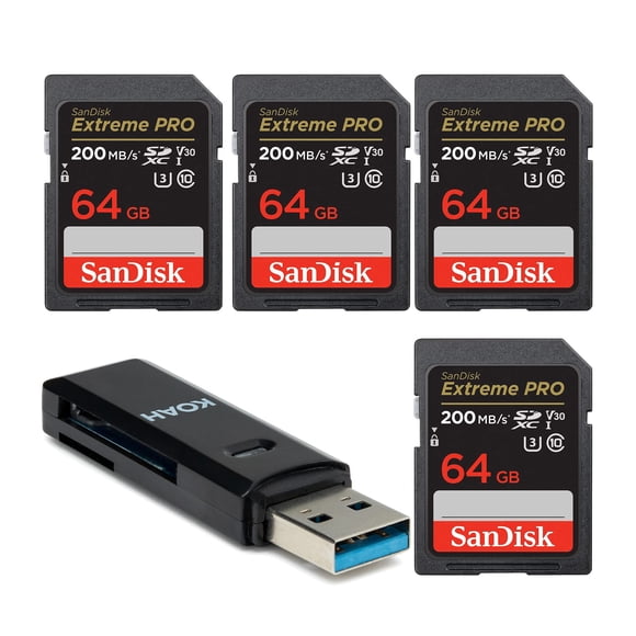 Paquete de 4 tarjetas de memoria SanDisk Extreme PRO SDXC UHS-I de 64GB y 200MB/s con lector de tarjetas USB 3.0 2 en 1