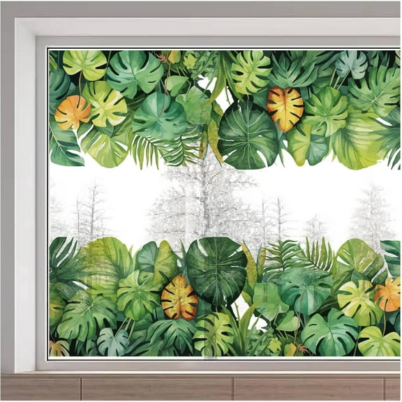 Green Leaves Large Window Decals Tropical Leaf Natural Plant Summer Glass Window Sticker Static Double Sided Window Cling Film Decoration for Stop Birds Pets Strikes Home Decor 15x46inch