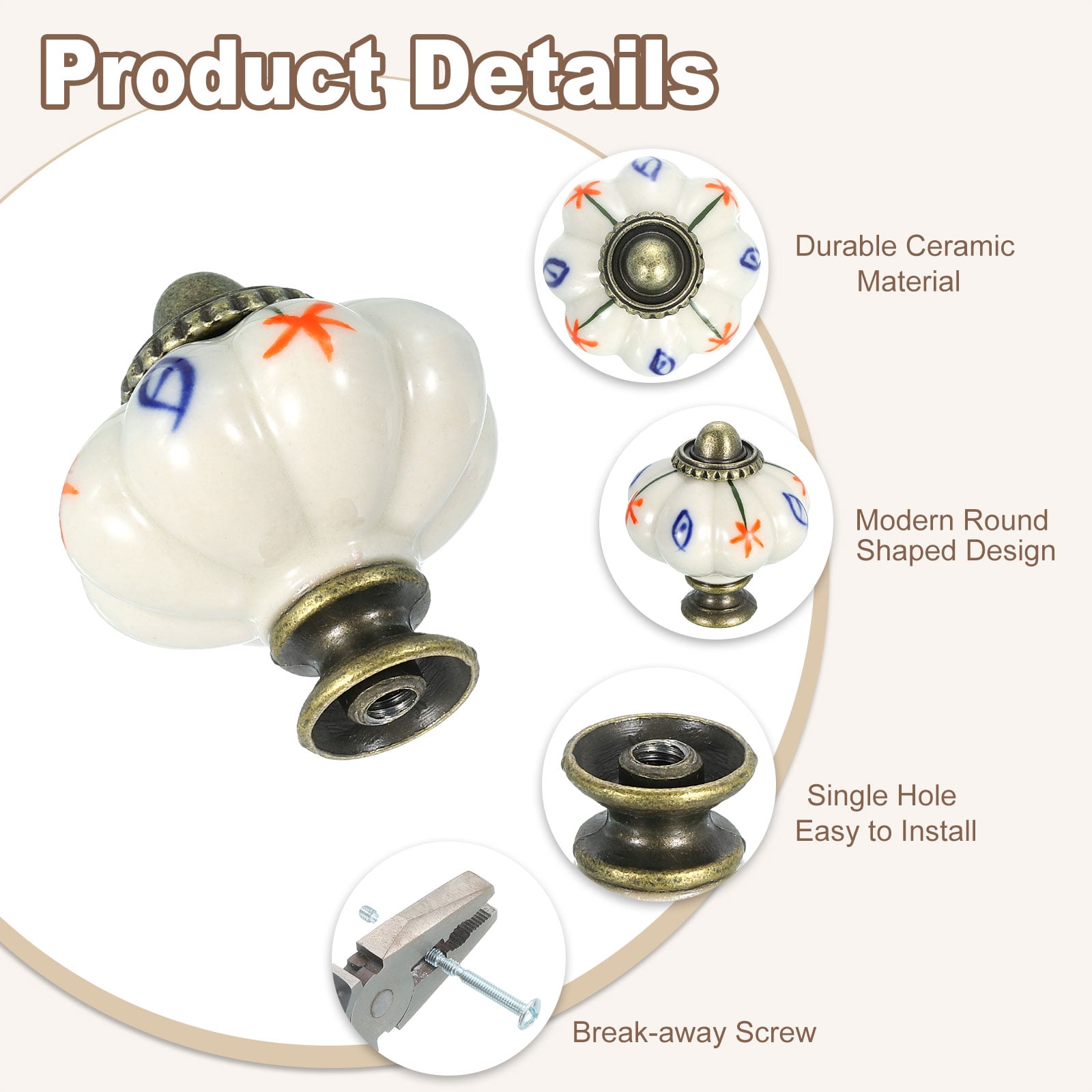 Uxcell 6 Pack Ceramic Knobs, 35mm/1.38" Pumpkin Cabinet Knob Drawer Pull Handle Vintage Drawer Knobs with Screws for Vanity Bedroom Furniture Closet, Multicolor Petal Leaves
