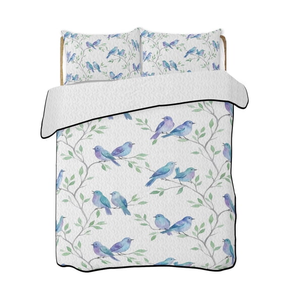 Blue Birds Quilts Bedding Set Queen Size Leaves Branches Farmhouse Botanical Lightweight Quilted Bedspread 3 Piece Bed Quilt with 2 Pillow Shams All Season for Bedroom 78" x 90"