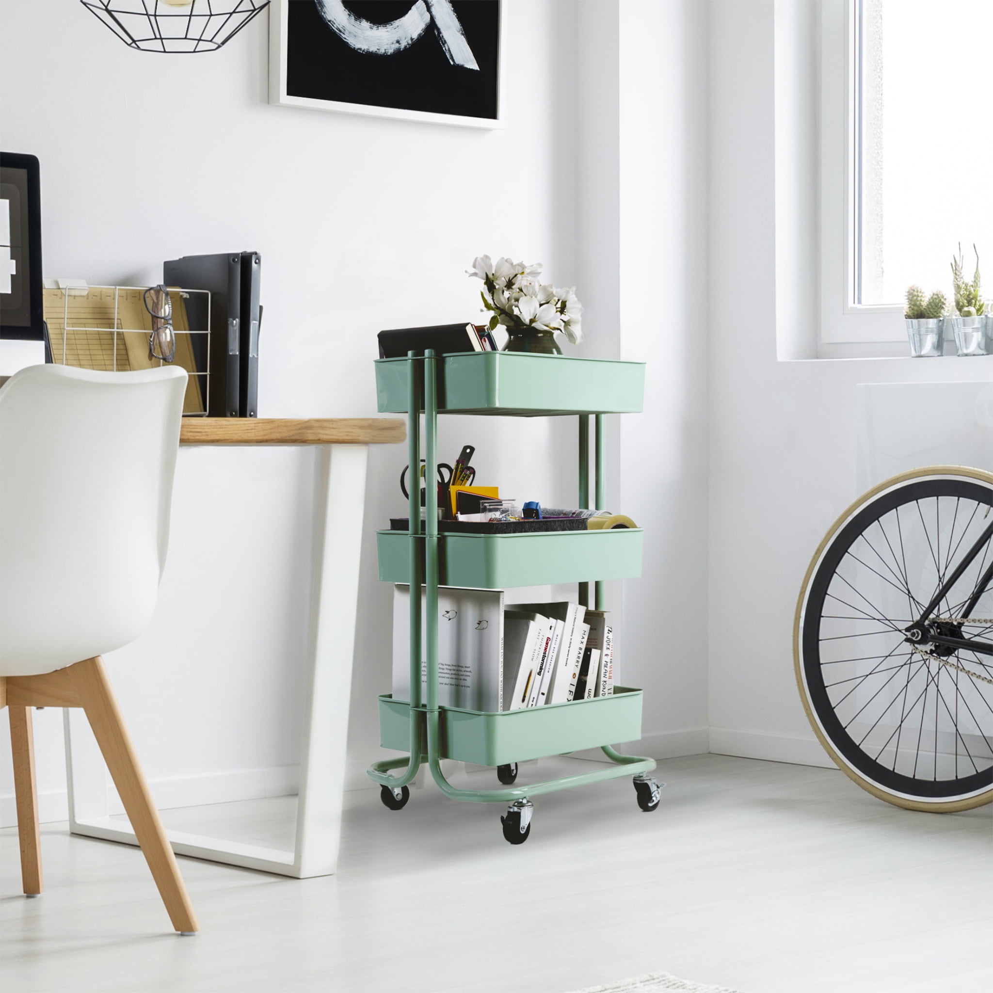 Seville Classics 3-Tier Rolling Steel Storage Bin Utility Kitchen Trolley with Wheels Cart, Green
