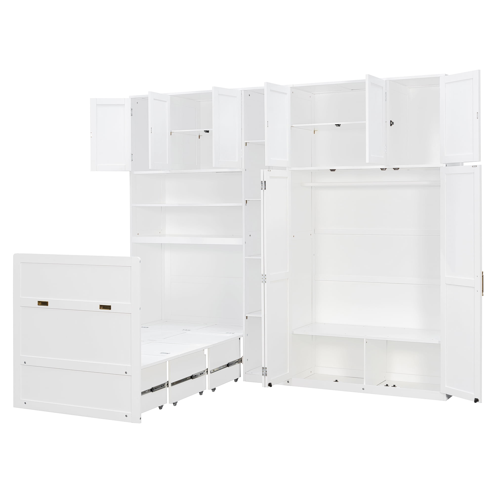 Twin Size Murphy Bed with Wardrobe, Storage Shelves and 5-Tier LED Open Shelves for Small Space, Guest Room